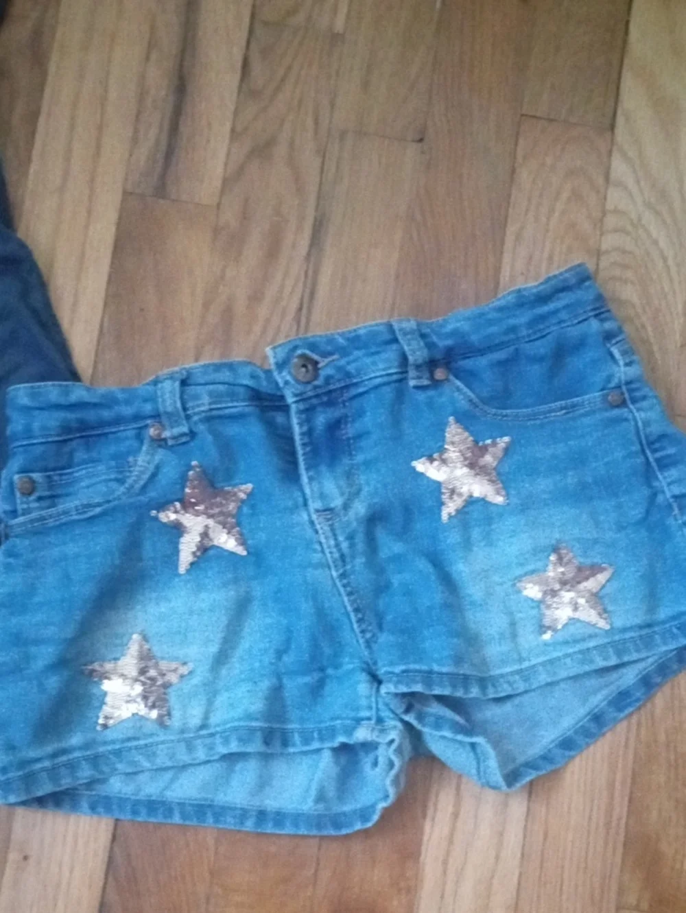 girl 14 DKNY sequin denim shorts and fringe accent tee
